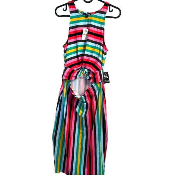 Express Womens Dress Medium Bright Multi Midi Knotted Stripe KEYHOLE BACK M $49 - Picture 1 of 4
